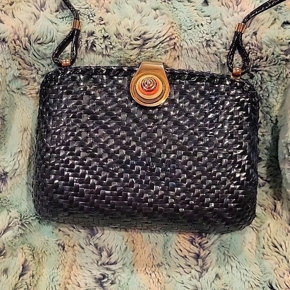 Rodo Handbags - Rodo, Vintage RARE dark blue crossbody wicker purse with leather interior